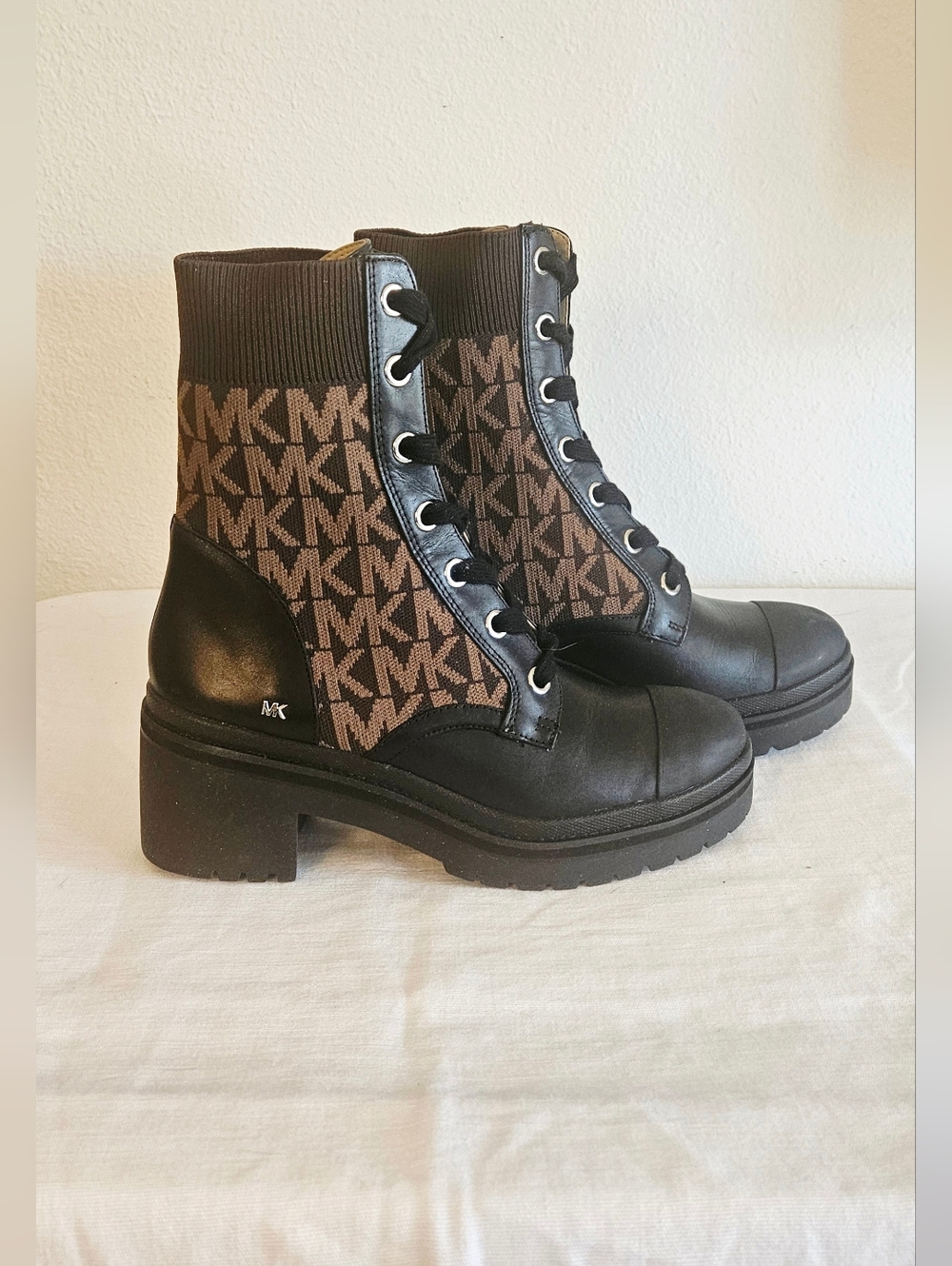 Michael Kors MK Logo Print Combat Boots Lug Sole Lace Up Zip